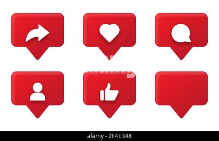 Satz von roten Symbolen für Benachrichtigungen über soziale Medien. „Gefällt mir“, „Follower“, „Kommentieren“, „Teilen“ und „Liebe“-Symbole. Design für Website und mobile App. Vektorgrafik Stock Vektor