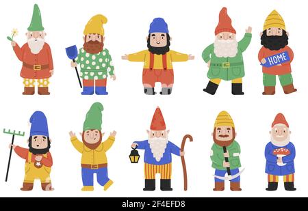 Niedliche Gartenzwerge. Zwergfiguren mit Laterne, Blumen und Pilzen, Märchenfiguren. Lustige Garten bärtige Zwerge Vektor-Illustration-Set. Magi Stock Vektor