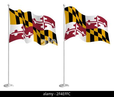 Flagge des amerikanischen Staates Maryland auf Fahnenmast winkt im Wind. Design-Element Urlaub. Kontrollpunkt für Kartensymbole. Isolierter Vektor auf weißem Hintergrund Stock Vektor