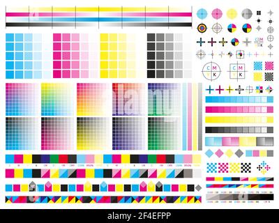 cmyk-Farbmanagementelemente. Registerplatten für Offsetdruck, Farbverlauf, cmyk-Farbmischfeld. Drucken von Steuermarken Vektorgrafik Satz. H Stock Vektor
