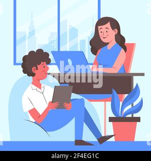 Mann und Frau arbeiten im Coworking Space Vektor-Illustration. Stock Vektor