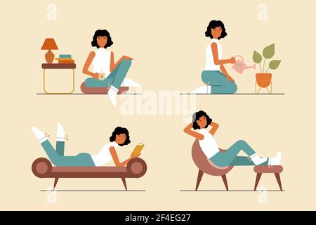 Flach gezeichnete Hygge Lifestyle Illustration mit People Vector Illustration. Stock Vektor