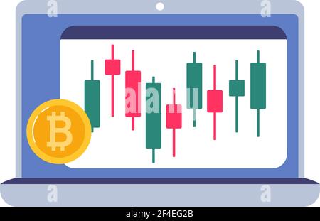 Bitcoin-Kurs auf einem Candlestick-Chart, Kryptowährungskurse. Blockchain-Technologie auf Ihrem Laptop. Vektorgrafik. Stock Vektor