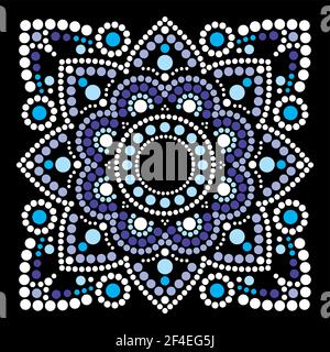 Dot Art Vector Ethnisches Mandala im Quadrat, traditionelles indigenes Dot-Maldesign der Aborigines aus Australien in Blau und Weiß Stock Vektor