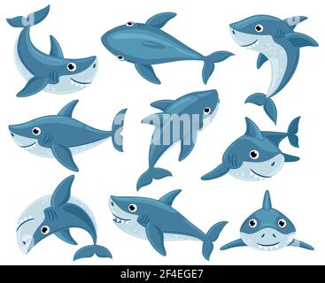 Cartoon Haie. Niedliche Unterwasser-Hai Tiere, Toothy Fisch Maskottchen, Ozean Fauna Charakter. Haie Kreaturen Maskottchen Vektor Illustration Set. Schwimmen f Stock Vektor