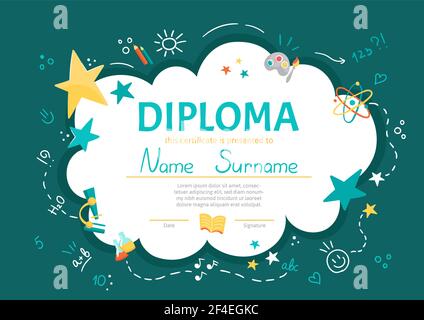 Bunte Schule und Vorschule Diplom-Zertifikat für Kinder und Kinder Im Kindergarten oder in der Grundschule mit Schulrucksack Stock Vektor