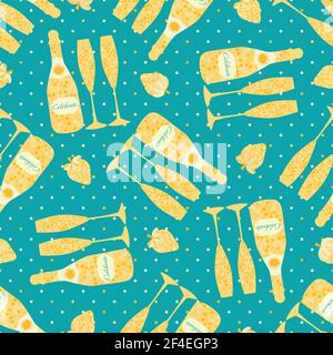 Champagner und Erdbeere feiern Text Vektor nahtlose Muster Hintergrund. Schriftzüge, Zitzergläser, Erdbeeren in türkisblauem Gold Stock Vektor