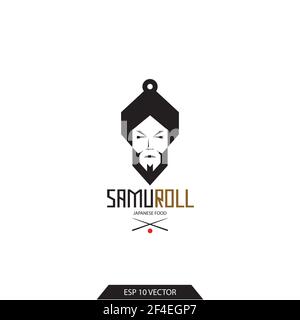 Emblem für ein japanisches Lebensmittelgeschäft. Brötchen und Sushi. Samurai und Rollen Logo. Restaurant mit orientalischem Essen. Pizza und Sushi-Emblem. Stock Vektor