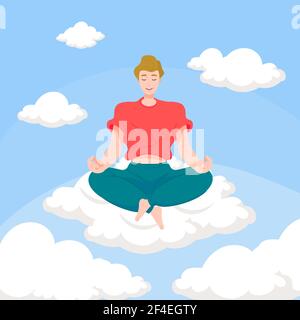 Organischer flacher Mann meditiert auf Wolke Vektor-Illustration. Stock Vektor
