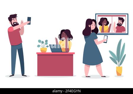 Handgezeichnete Freunde Videokonferenzszenen Set Vektor Illustration. Stock Vektor