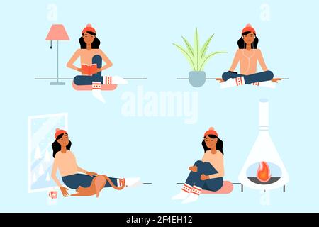 Flach gezeichnete Hygge Lifestyle Illustration mit People Vector Illustration. Stock Vektor