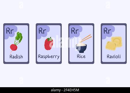 Bunte Alphabet Flashcard Buchstabe R - Radieschen, Himbeere, Reis, Ravioli. Stock Vektor