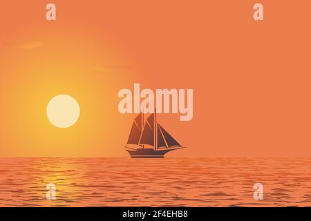 Sonnenuntergang Ansicht mit Schiff Silhouette Konzept Farbverlauf Hintergrund Vektor Abbildung Stock Vektor