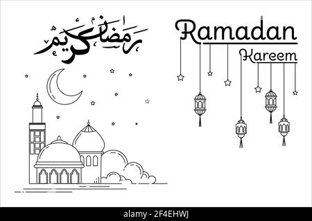 ramadan kareem monoline Stil Vektor-Design-Konzept. Moschee Gebäude mit Laternen Lichter dekoriert Stock Vektor