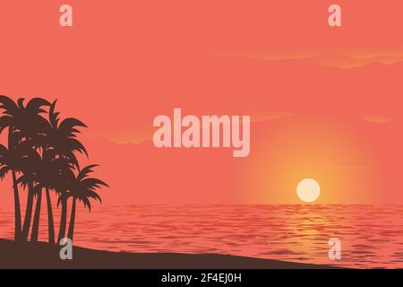 Vektor-Illustration der Sonnenuntergang Ansicht auf schönen Himmel mit Palmen Bäume am Sandstrand mit Farbverlauf Hintergrund Konzept Stock Vektor