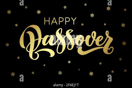 Happy Pessach Vektor Hand Schriftzug. Jüdische Feiertage Ostern. Vorlage für Typografie Poster, Grußkarte, Banner, Einladung, Postkarte, Flyer, Aufkleber. Goldene Abbildung auf schwarzem Hintergrund. Stock Vektor