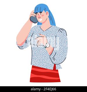 Frau hält Smartphone in den Händen, Cartoon flache Vektor-Illustration isoliert auf weißem Hintergrund. Frau mit Handy für Internet-Verbindung und Stock Vektor