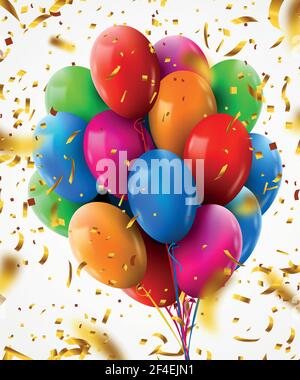 3D realistische bunte Bündel von Geburtstag Ballons mit Konfetti Fliegen für Party und Feiern mit Raum für Nachricht isoliert in weißem Hintergrund. Vektorgrafik Stock Vektor
