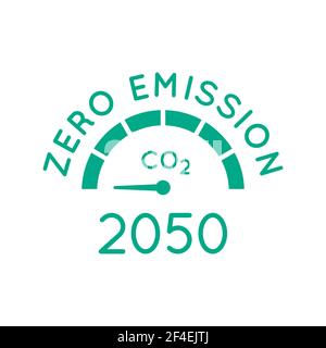 Bis 2050 keine Emissionen mehr. Instrumentenpfeil auf Null gesetzt. CO2-neutral. Nettoziel von null Treibhausgasemissionen. Klimaneutrale langfristige Strategie. Stock Vektor