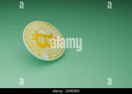 Minimaler Bitcoin-Mining auf grünem Hintergrund, 3D Illustrationen Rendering Stockfoto