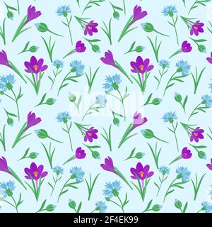 Nahtlos wiederholendes Muster mit Frühlingsblumen. Phlox Blumen und Kornblumen sind zufällig verstreut. Kontinuierlicher Hintergrund für Textil und Verpackung Stock Vektor