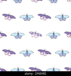 Vektor weißen Hintergrund weißen Blumen nahtlose Muster. Blau lila rosa butteflies. Nahtloses Muster Hintergrund Stock Vektor