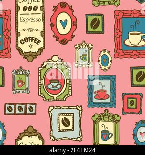 Nahtlose Vektor-Muster mit Kaffee Bilder auf pastellrosa Hintergrund. Café Haus Tapete Design mit hellen Farben. Stock Vektor