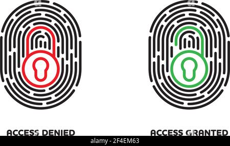 Fingerabdruck-Scan-Zugriffssymbole. Symbole für die digitale Identifikationssteuerung, rotes und grünes Schloss geschlossen. Cyber-Sicherheitskonzept Stock Vektor