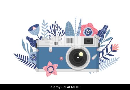 Kamera mit Blumen, Blumenkamera Logo Design, Vektor-Illustration, Vintage retro Kamera-Symbol. Stock Vektor