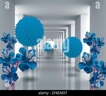 3D Wandbild digitale Illustration silbernen Tunnel mit Kugel und Blumen. Moderne Rendering graue Innentapete. Stockfoto