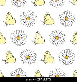 Vektor weißen Hintergrund Gänseblümchen Blumen und Schmetterling nahtlose Muster. Schmetterlinge. Nahtloses Muster Hintergrund Stock Vektor
