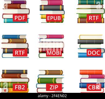 Icon Set von verschiedenen E-Book-Dateiformaten - Text, Dokument und Archiv Stock Vektor