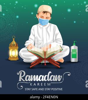 ramadan Kareem und eid mubarak Grüße. Islamischer Junge Lesen Quran Vektor Illustration Design. Covid-19, Corona Virus Konzept Stock Vektor