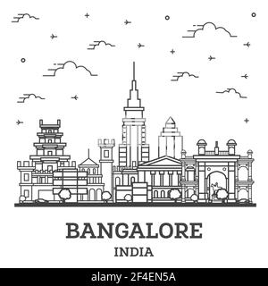 Skizzieren Sie Bangalore India City Skyline mit historischen Gebäuden isoliert auf Weiß. Vektorgrafik. Stadtbild Bangalore mit Wahrzeichen. Stock Vektor