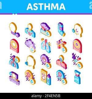 Asthma Krank Allergen Isometrische Symbole Set Vektor Stock Vektor