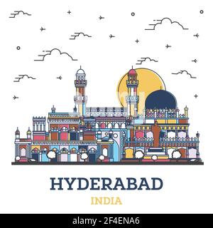 Skizzieren Hyderabad India City Skyline mit farbigen historischen Gebäuden isoliert auf Weiß. Vektorgrafik. Hyderabad Stadtbild mit Sehenswürdigkeiten. Stock Vektor