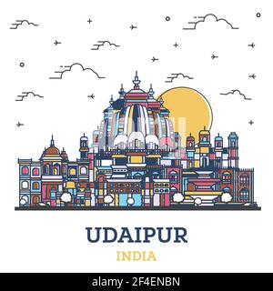 Skizzieren Udaipur India City Skyline mit farbigen historischen Gebäuden isoliert auf Weiß. Vektorgrafik. Udaipur Stadtbild mit Wahrzeichen. Stock Vektor