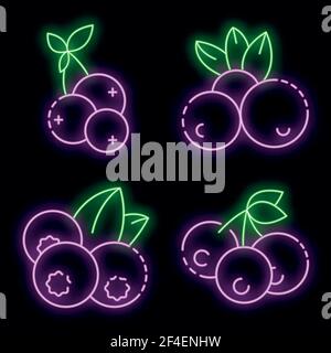 Heidelbeere Symbol gesetzt. Umriss Satz von Heidelbeere Vektor-Symbole Neonfarbe auf schwarz Stock Vektor