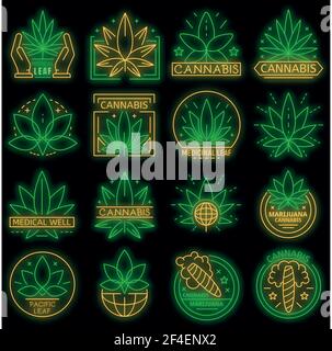 Set mit Cannabis-Logo. Umriss Set von Cannabis Vektor-Logo neon Farbe auf schwarz Stock Vektor