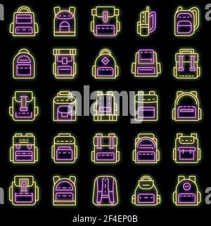 Rucksack Icon Set. Umriss Satz von Rucksack Vektor-Symbole Neon-Farbe auf schwarz Stock Vektor