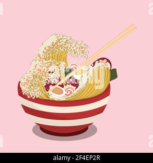 Cartoon rote Schüssel von Ramen, Nudeln in einer Wellenform Illustration. Stock Vektor