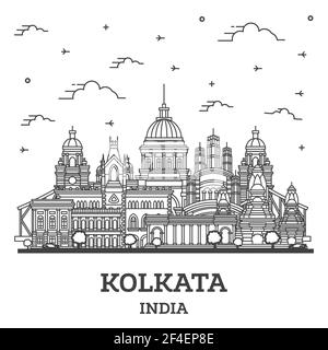 Umrisse Kolkata India City Skyline mit Historischen Gebäuden Isoliert auf White. Vektorgrafiken. Kolkata-Stadtbild mit Wahrzeichen. Stock Vektor