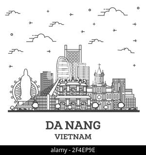 Umrisse Da Nang Vietnam Skyline der Stadt mit historischen Gebäuden isoliert auf Weiss. Vector Illustration. Da Nang Stadtbild mit Sehenswürdigkeiten. Stock Vektor