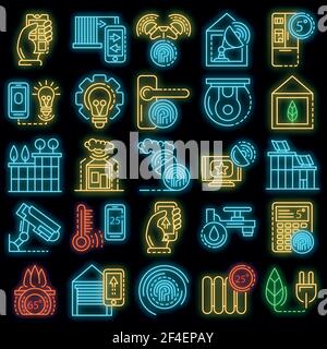 Symbol für intelligentes Gebäudesystem. Skizzieren Satz von intelligenten Gebäude System Vektor-Symbole Neonfarbe auf schwarz Stock Vektor