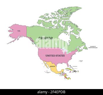 Politische Karte Für Nordamerika. Vektorgrafik. Karte mit Namen der Länder, die auf Weiß isoliert sind. Stock Vektor