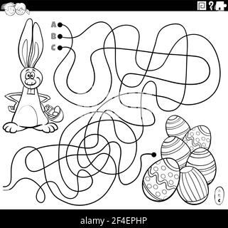 Schwarz und weiß Cartoon Illustration von Linien Labyrinth Puzzle-Spiel Mit Osterhase Charakter und farbigen Eiern Färbung Buchseite Stock Vektor