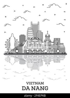Umrisse Da Nang Vietnam Skyline der Stadt mit historischen Gebäuden und Reflexionen isoliert auf Weiss. Vector Illustration. Da Nang Stadtbild mit Sehenswürdigkeiten. Stock Vektor