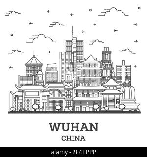 Umrisse Wuhan China City Skyline mit Modernen Gebäuden Isoliert auf Weiß. Vektorgrafiken. Wuhan Stadtbild mit Wahrzeichen. Stock Vektor