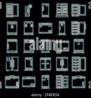 Symbol für Gefriergerät eingestellt. Umriss Satz von Tiefkühlgerät Vektor-Symbole Neonfarbe auf schwarz Stock Vektor