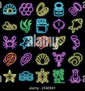 Seafood Icon Set. Skizzieren Satz von Meeresfrüchten Vektor-Symbole Neonfarbe auf schwarz Stock Vektor